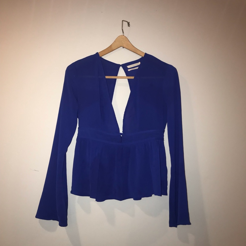 Semi-sheer Royal Blue Deep V Blouse